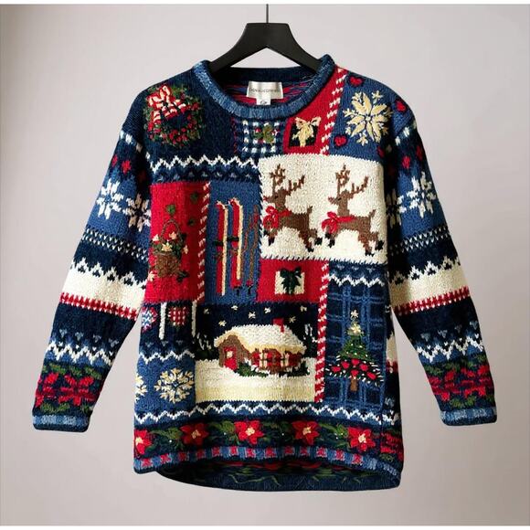 Vintage Reindeer Patchwork Christmas Sweater Women’s Small Knit Casual Corner - Picture 1 of 10